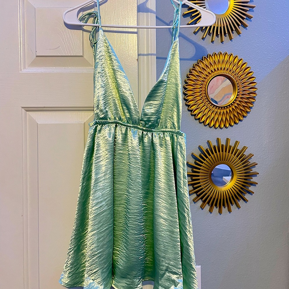 Mint Green Shoulder Tie Lucy in the Sky satin cocktail dress